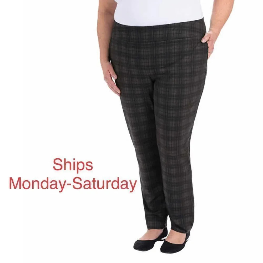 Dalia Ladies' Pull-On Pant size Lines Checkered Plaid Black Gray Large